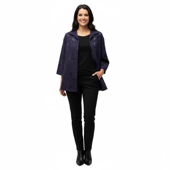 Lafayette 148 NY Navy Jacquard Swing Jacket Coat Size 12 Wool Blend 3/4 Sleeve - Picture 1 of 10